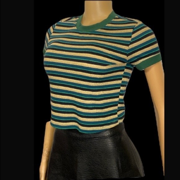 PacSun Basic top striped cropped green black and gold Shimmer size Small - Picture 8 of 16